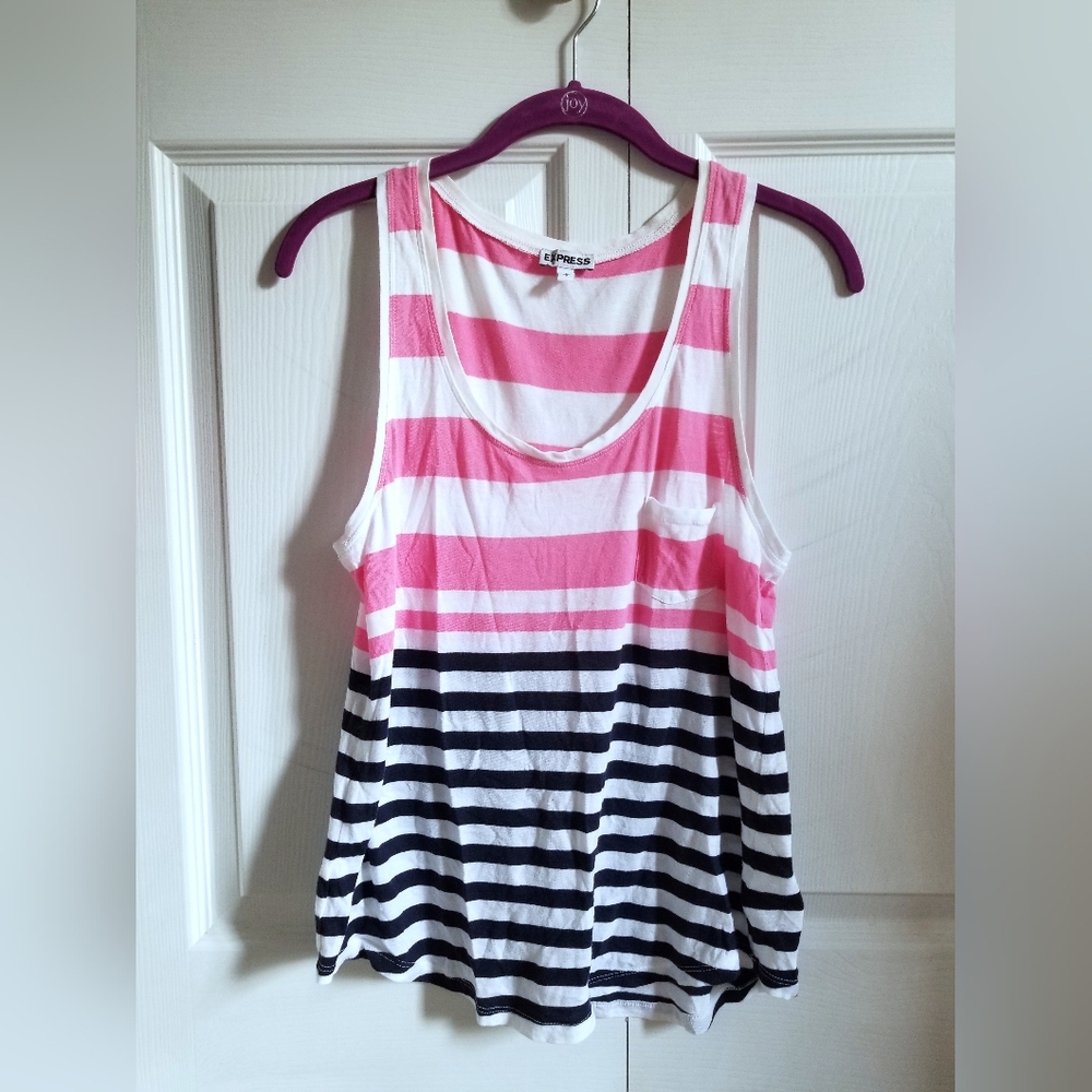 Express Women's Tank Top Small White Navy Hot Pink Striped Pocket **CLEARANCE**